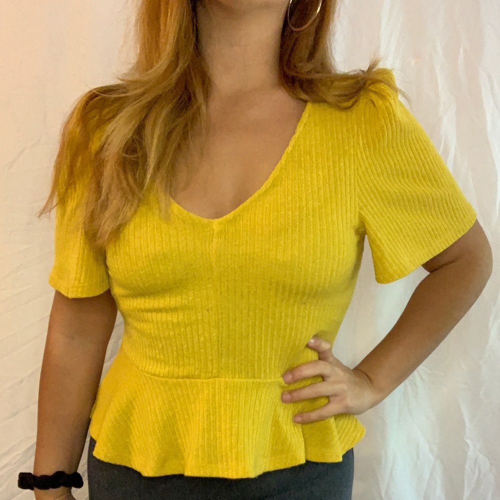 Yellow Ribbed Peplum V Neck